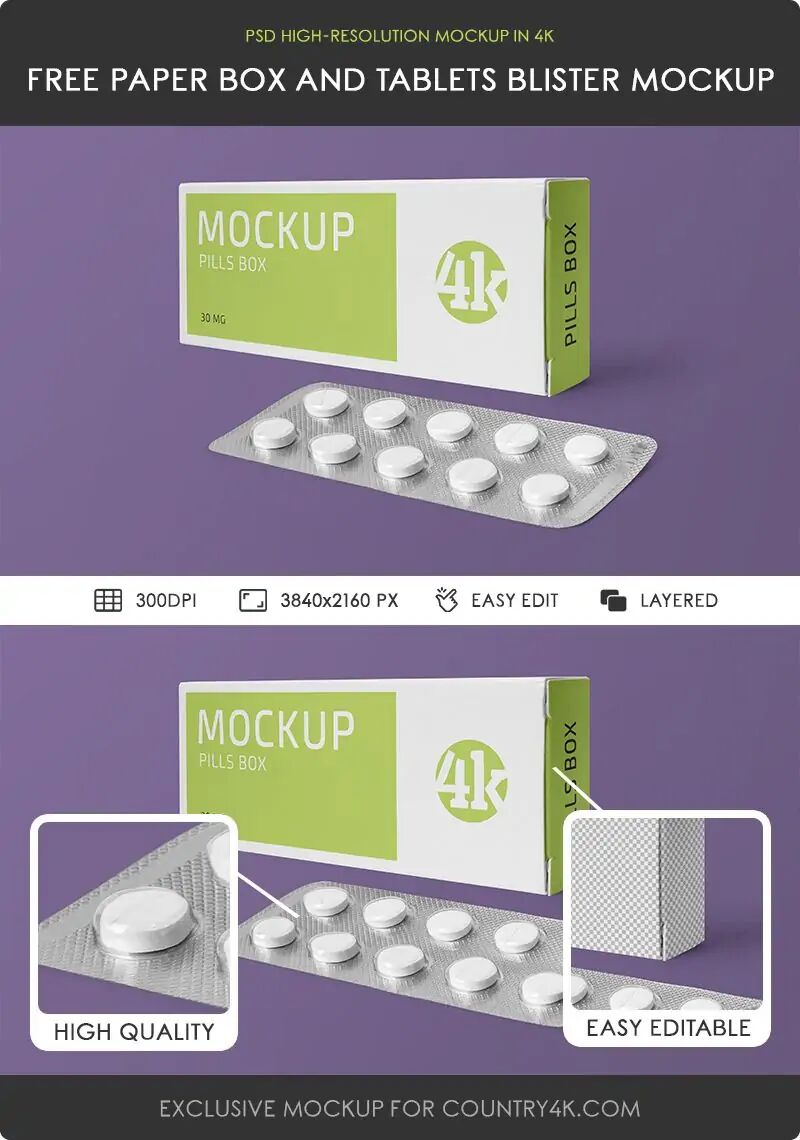Blister Pack Along with the Packaging Box in Perspective Mockup preview