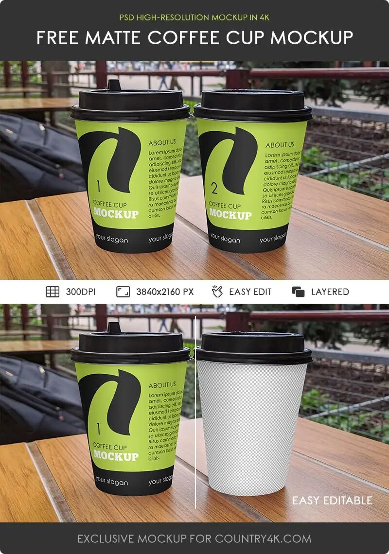 Front View of Two Matte Coffee Cups Mockup on a Modern Café Table preview