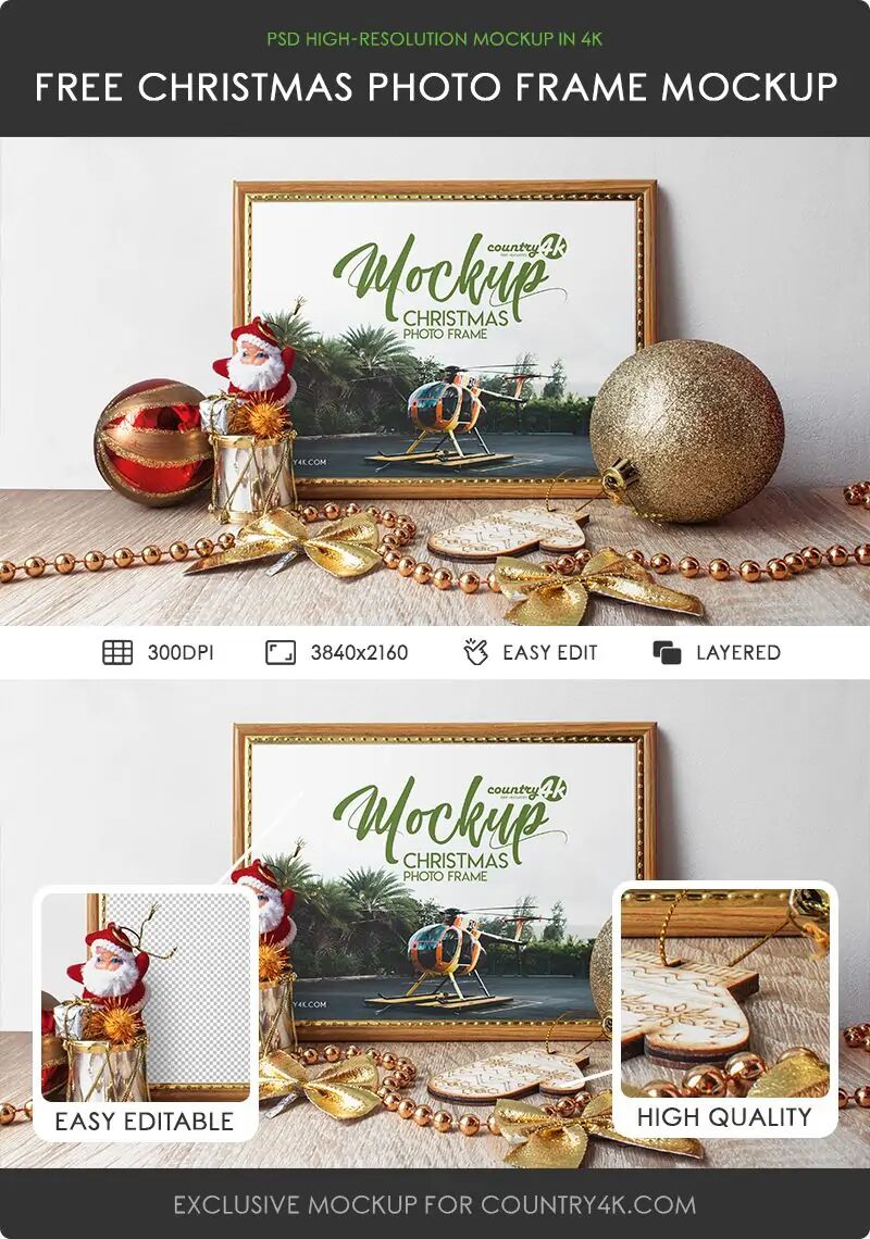Horizontal Photo Frame Mockup Front View Featuring Santa Claus and Christmas Elements