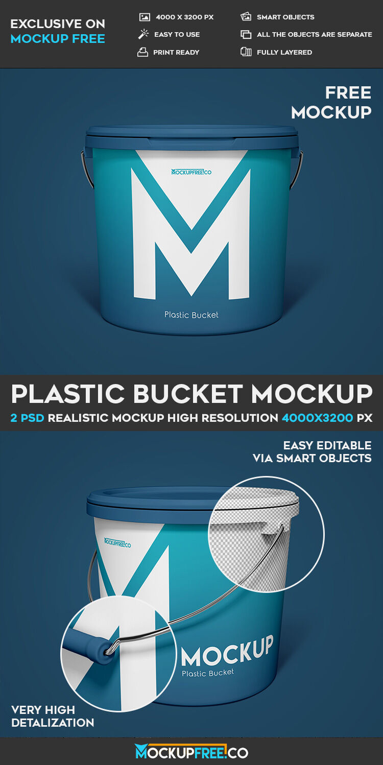 2 Mockups of Plastic Bucket with Lid and Metal Handle