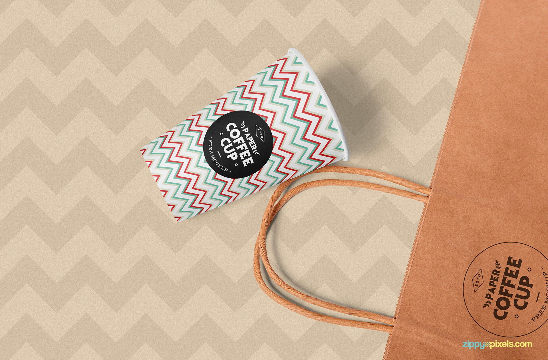 Overhead View of Paper Coffee Cup and Shopping Bag Mockup preview