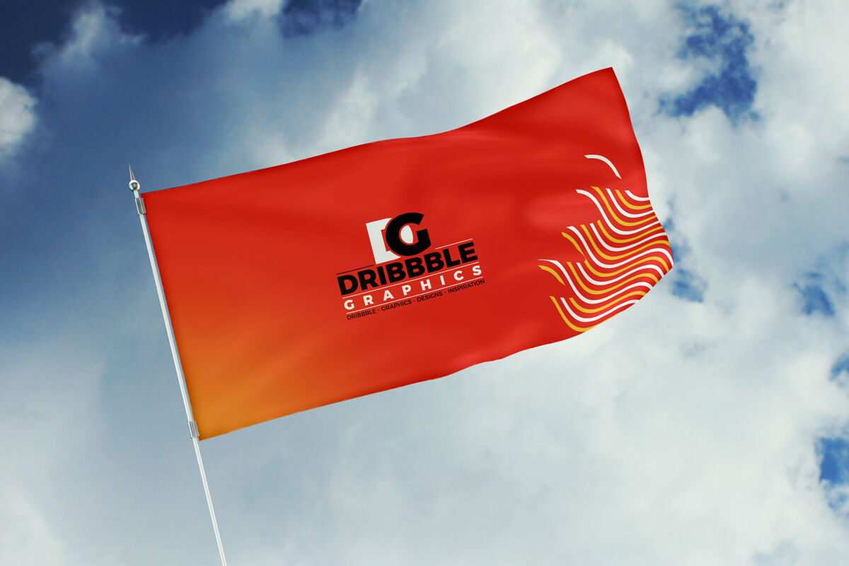 Front View Flag Stretched Against Cloudy Sky Mockup preview