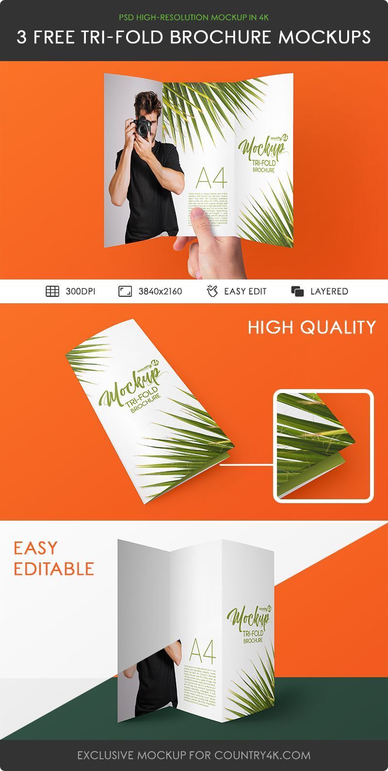3 Mockups of Tri-Fold A4 Brochure Featuring One Held by Hand preview