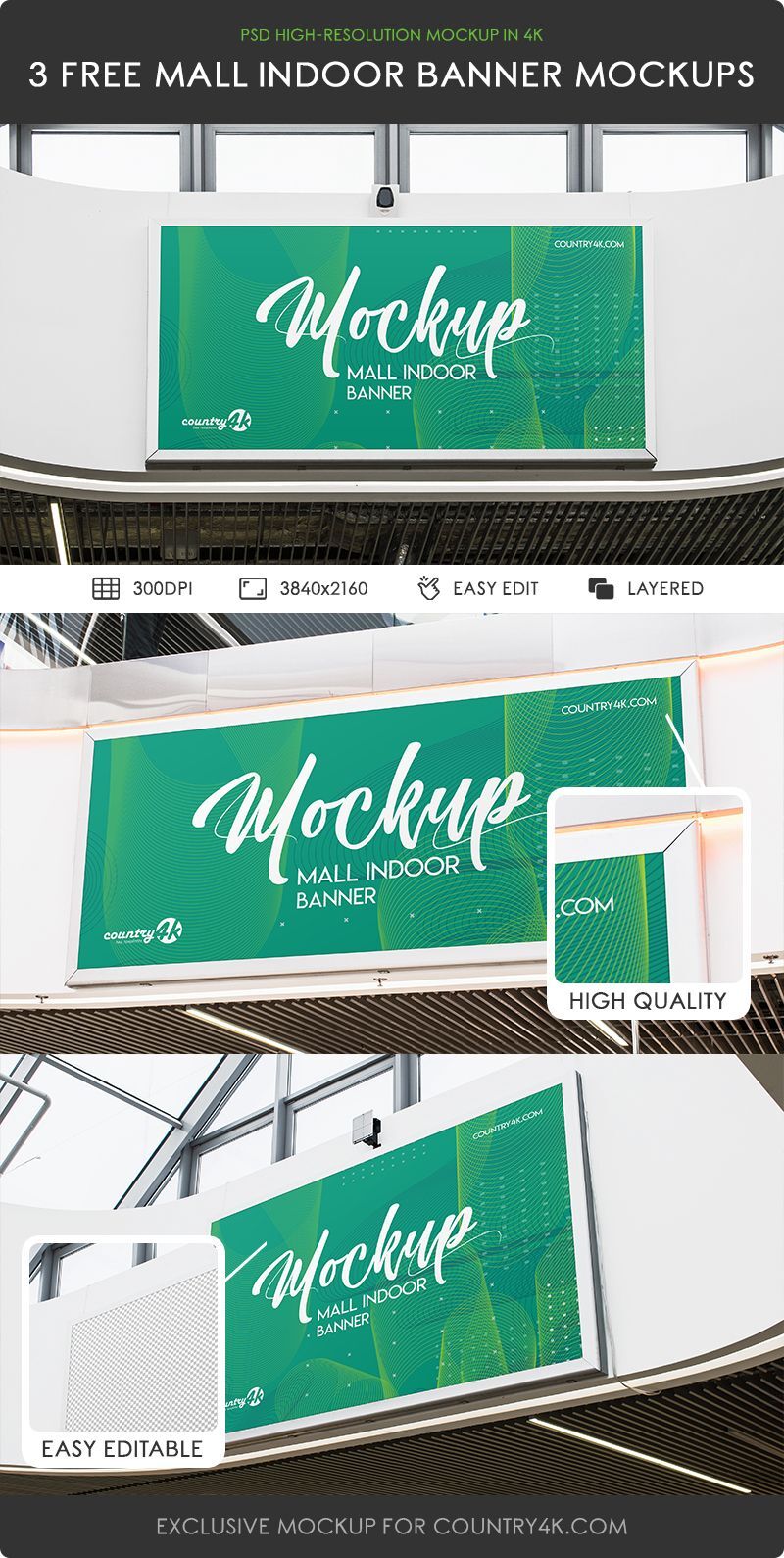 Three Mall Indoor Landscape Banner Mockups