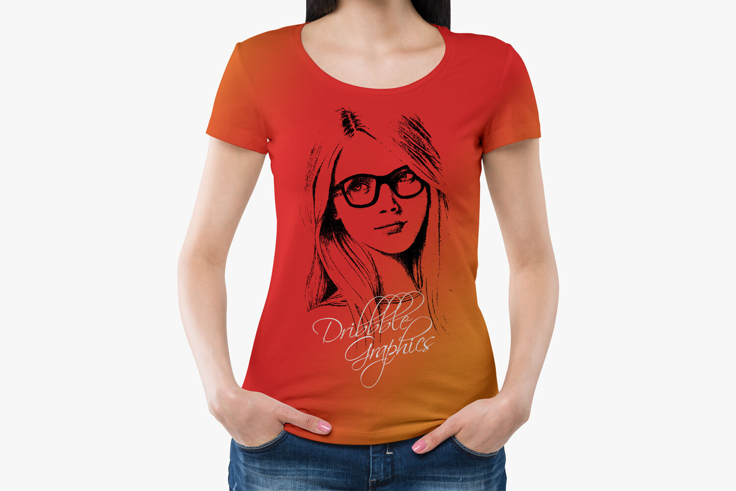 Girl Wearing Round Neck T-shirt Mockup with Hands in Pockets