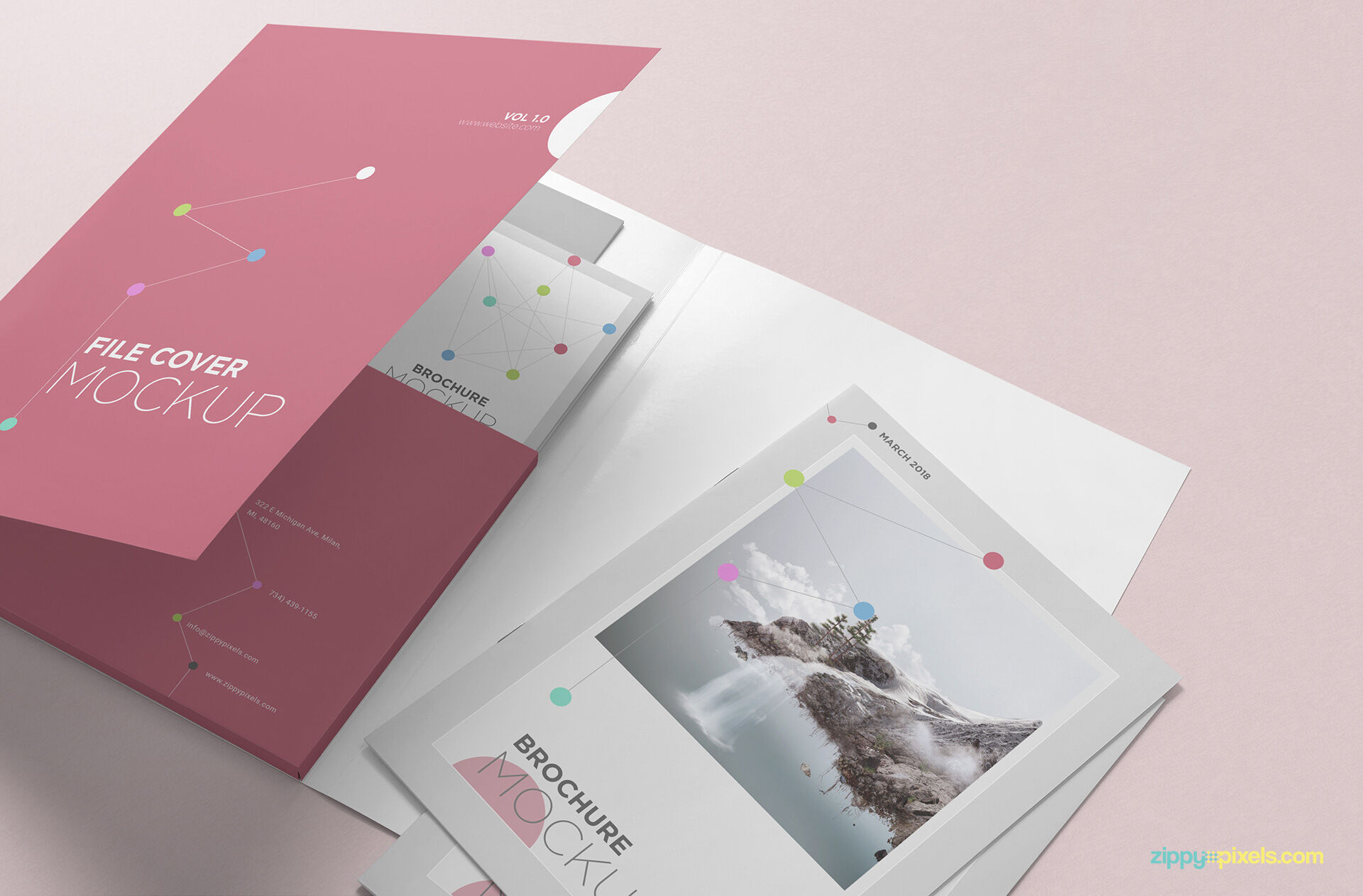Half Open Folder with Two Brochures Mockup preview