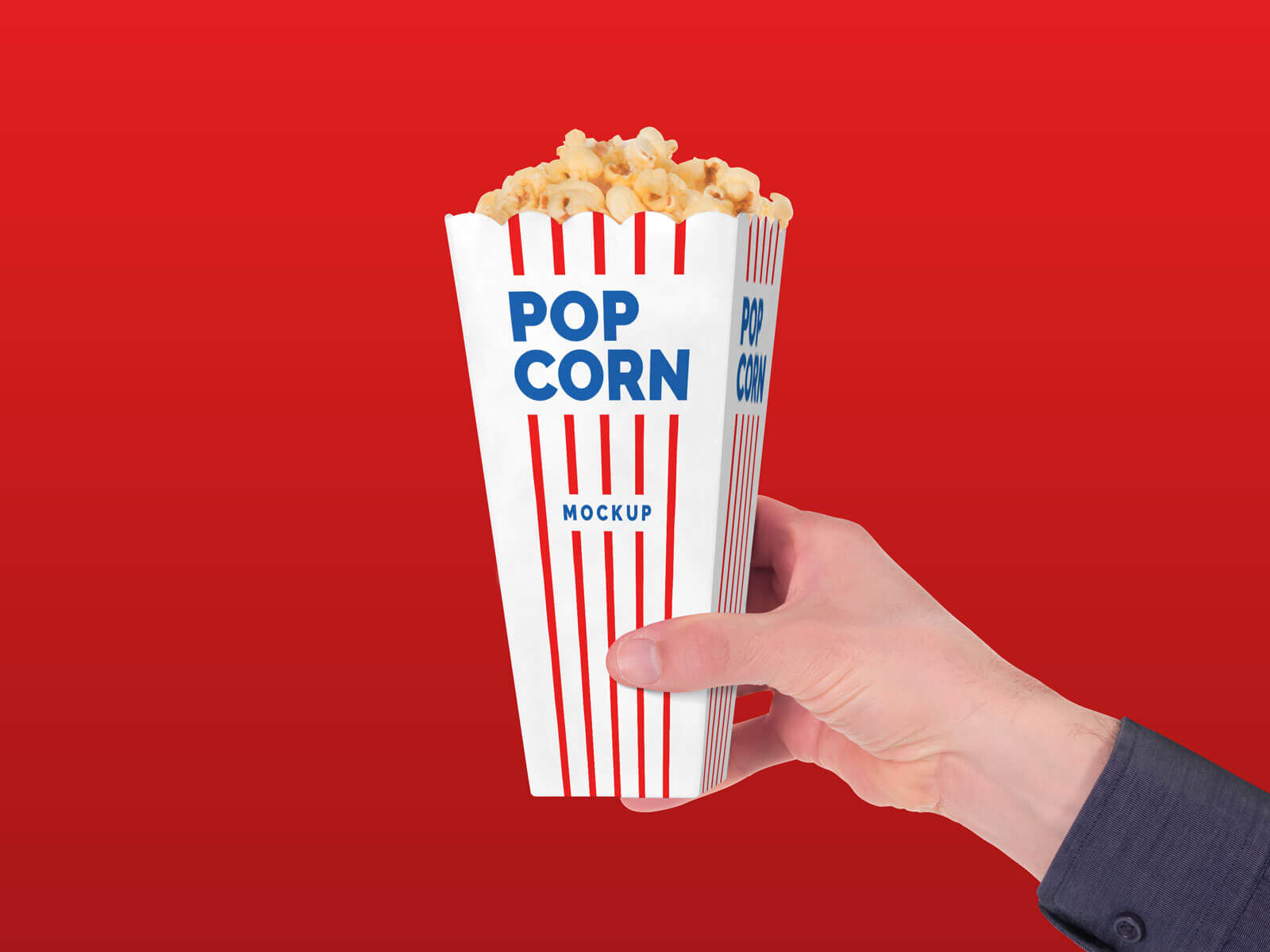 Front View Hand Holding Movie Theater Popcorn Paper Box Mockup preview