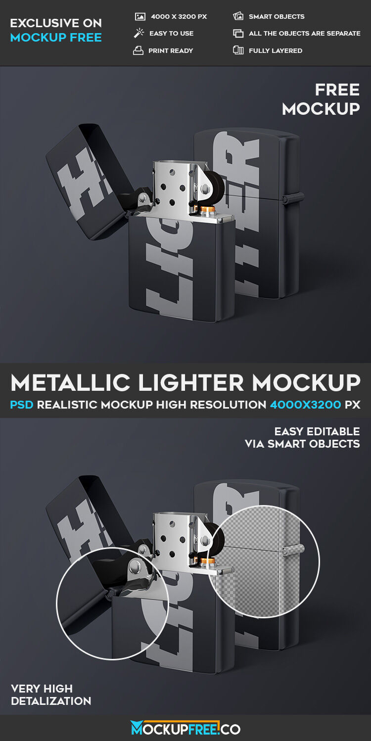 Open and Closed Metallic Zippo Lighter Mockup