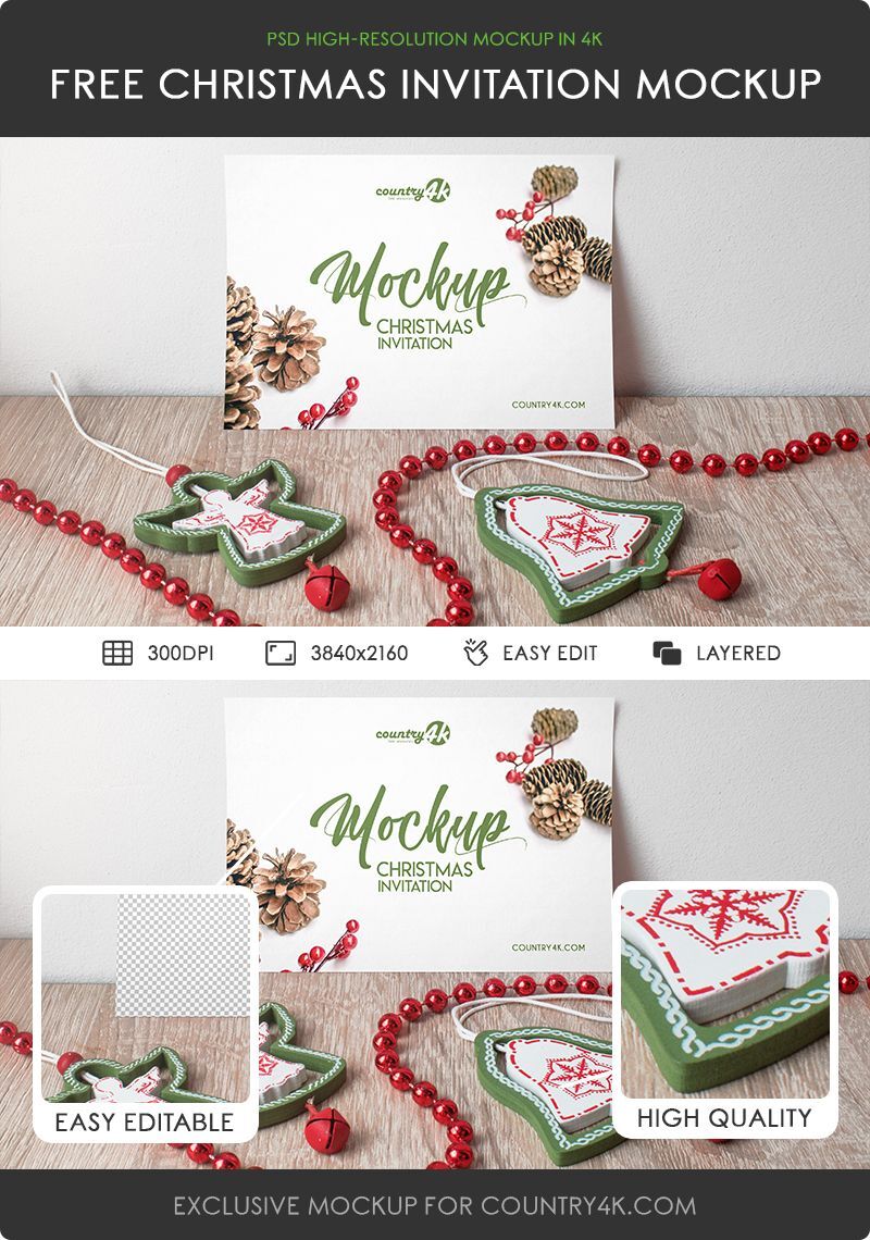 Front-View, Horizontal Invitation\ Greeting Card Mockup Featuring Christmas Tree Tassel Ornaments