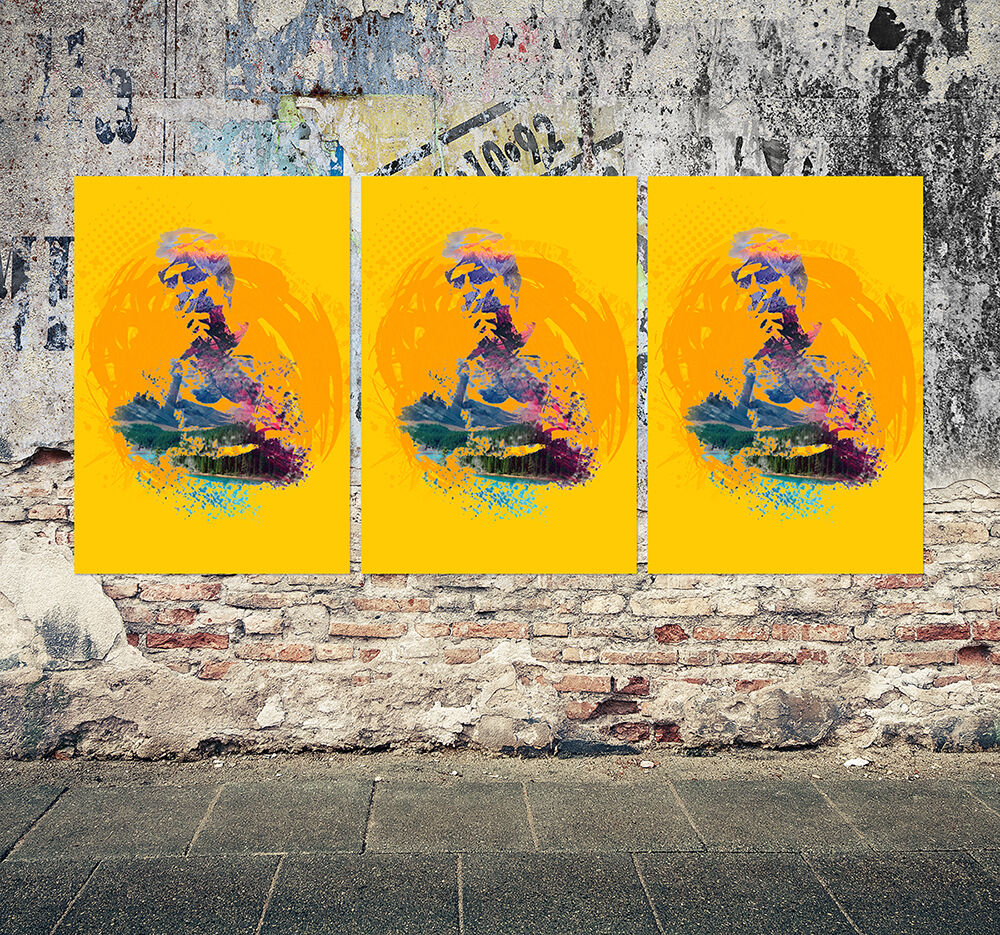 Front View of a Grunge Poster Mockup on a Brick Wall