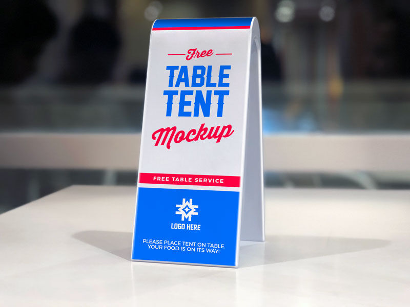 Two-Sided Plastic Table Tent on White Table Mockup preview