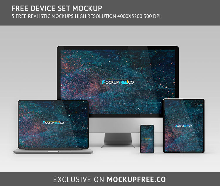 5 Device Set Mockups Including Laptop, Smartphone, Tablet, and Monitor