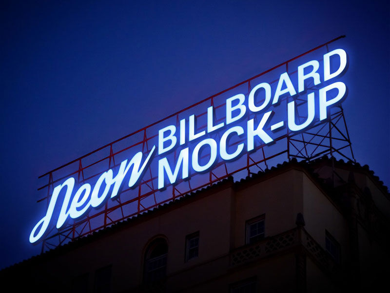 Low Angel View Rooftop Neon Sign Billboard at Night Mockup / Text Effect