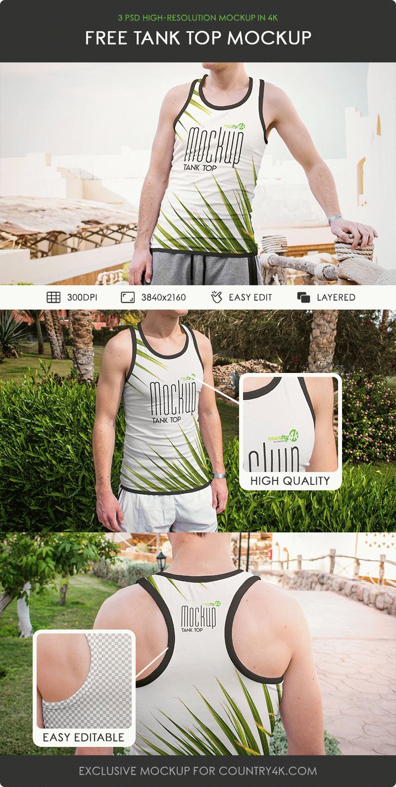 3 Male Tank Top Mockups in Different Shots