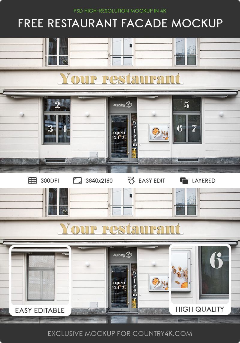 Restaurant, Cafe Facade Mockup Featuring Horizontal Signage on the Wall
