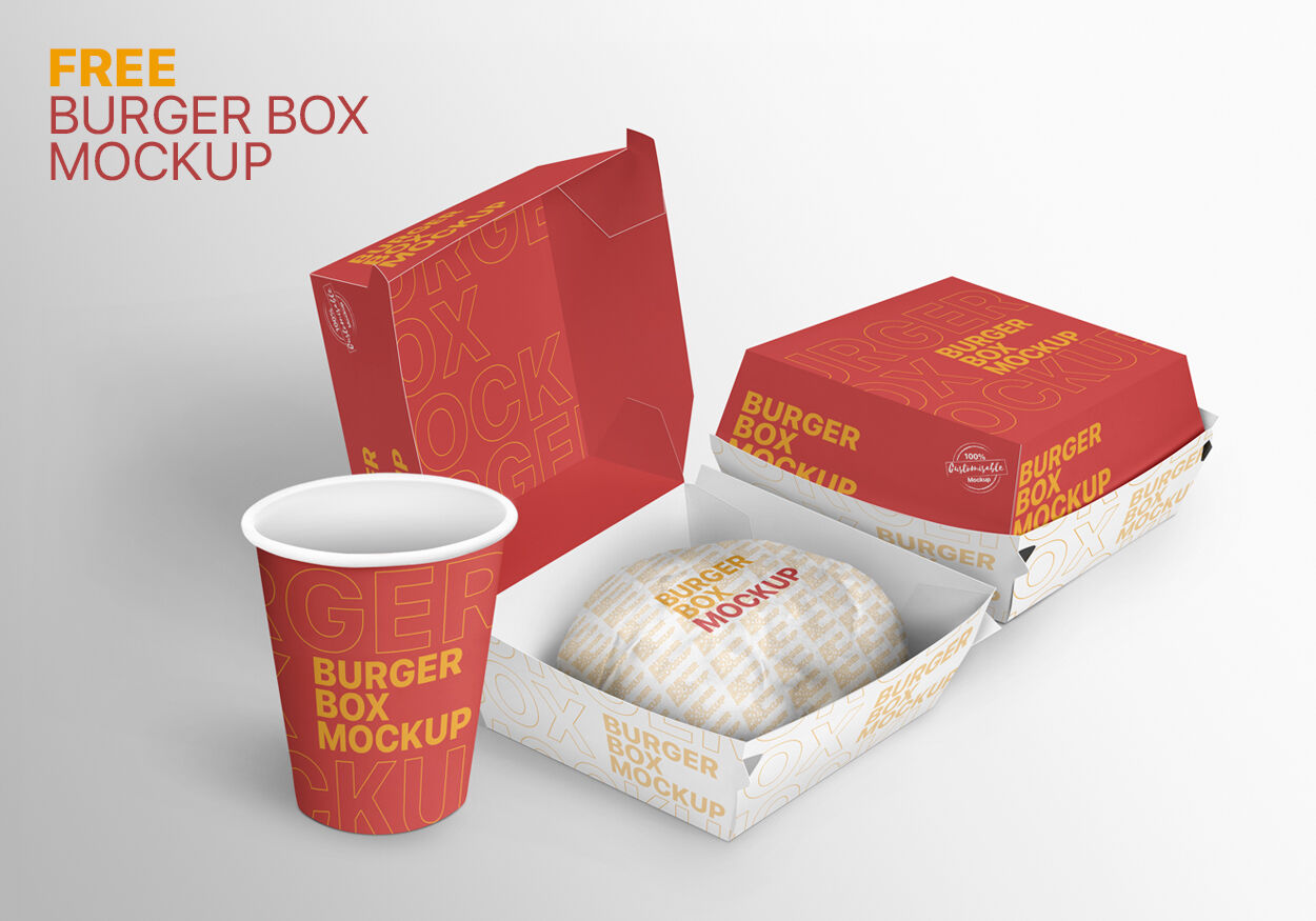 Perspective View of Burger Boxes and Paper Cup Mockup preview