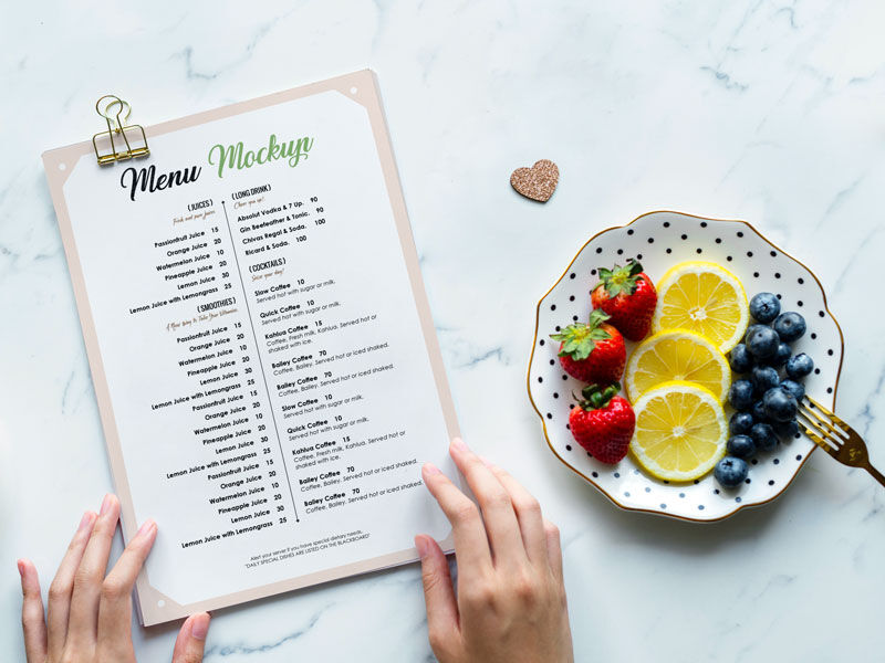 Top View Food Menu Mockup with Fruit Plate on Marble preview
