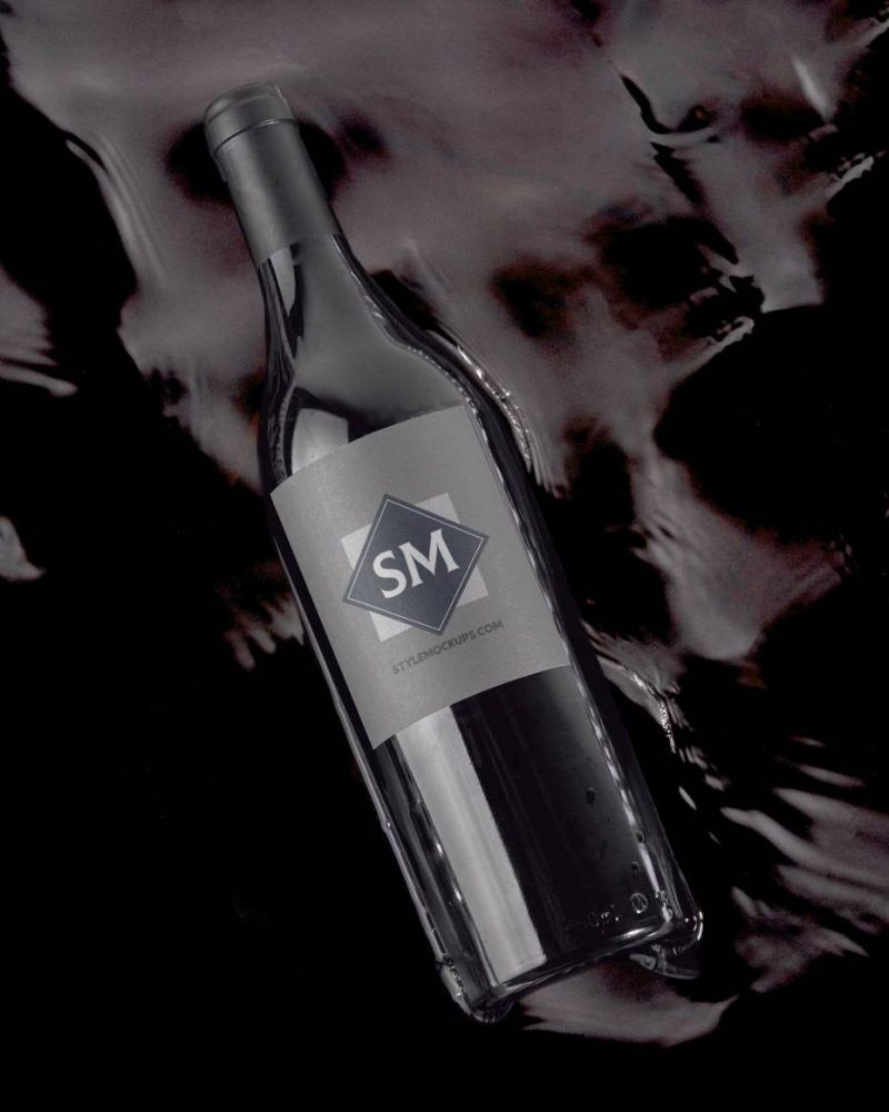 Top View of Wine Bottle Label Mockup in Artistic Setting