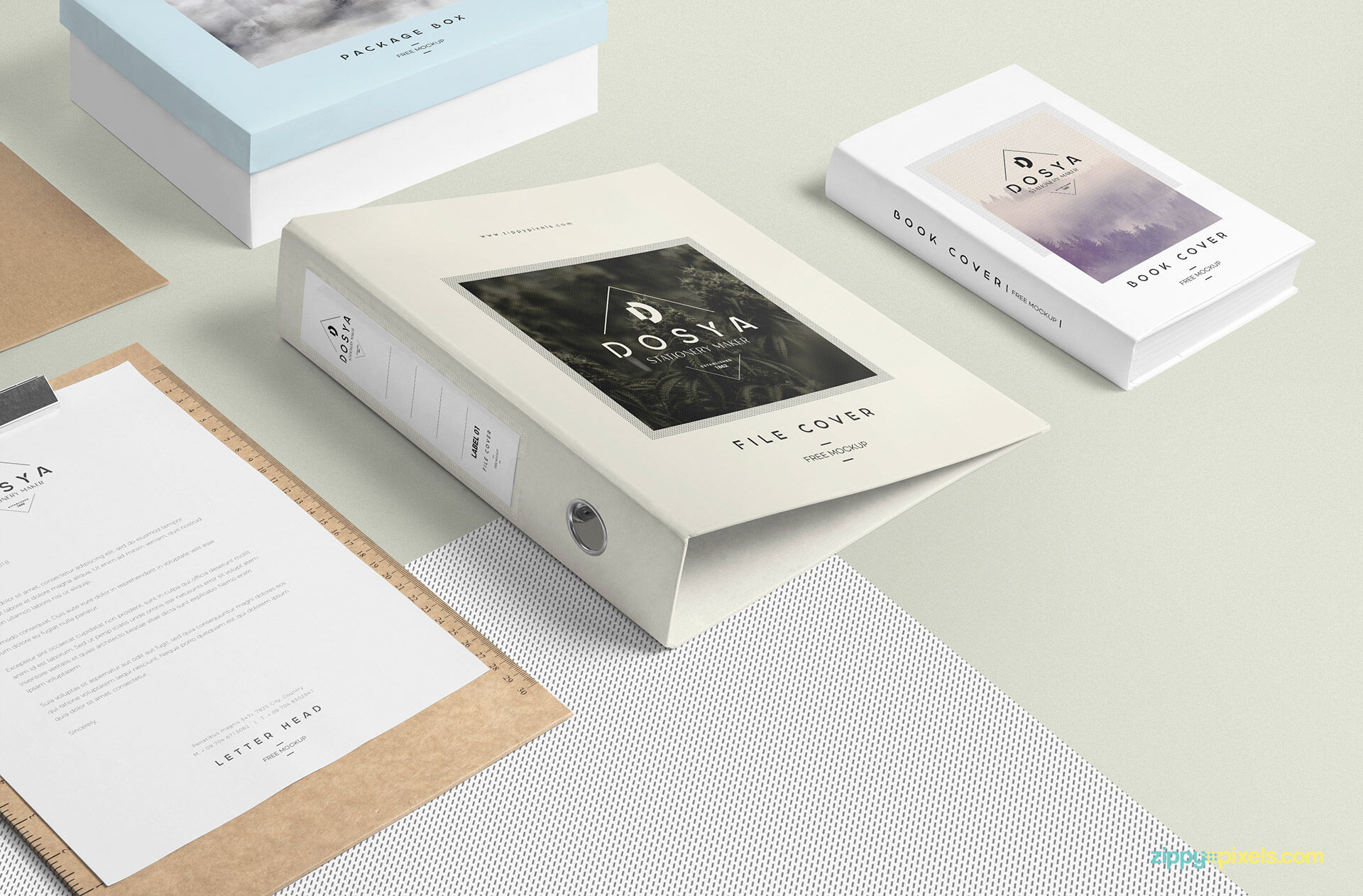 File Cover Mockup Featuring Book Cover, Paper and Box