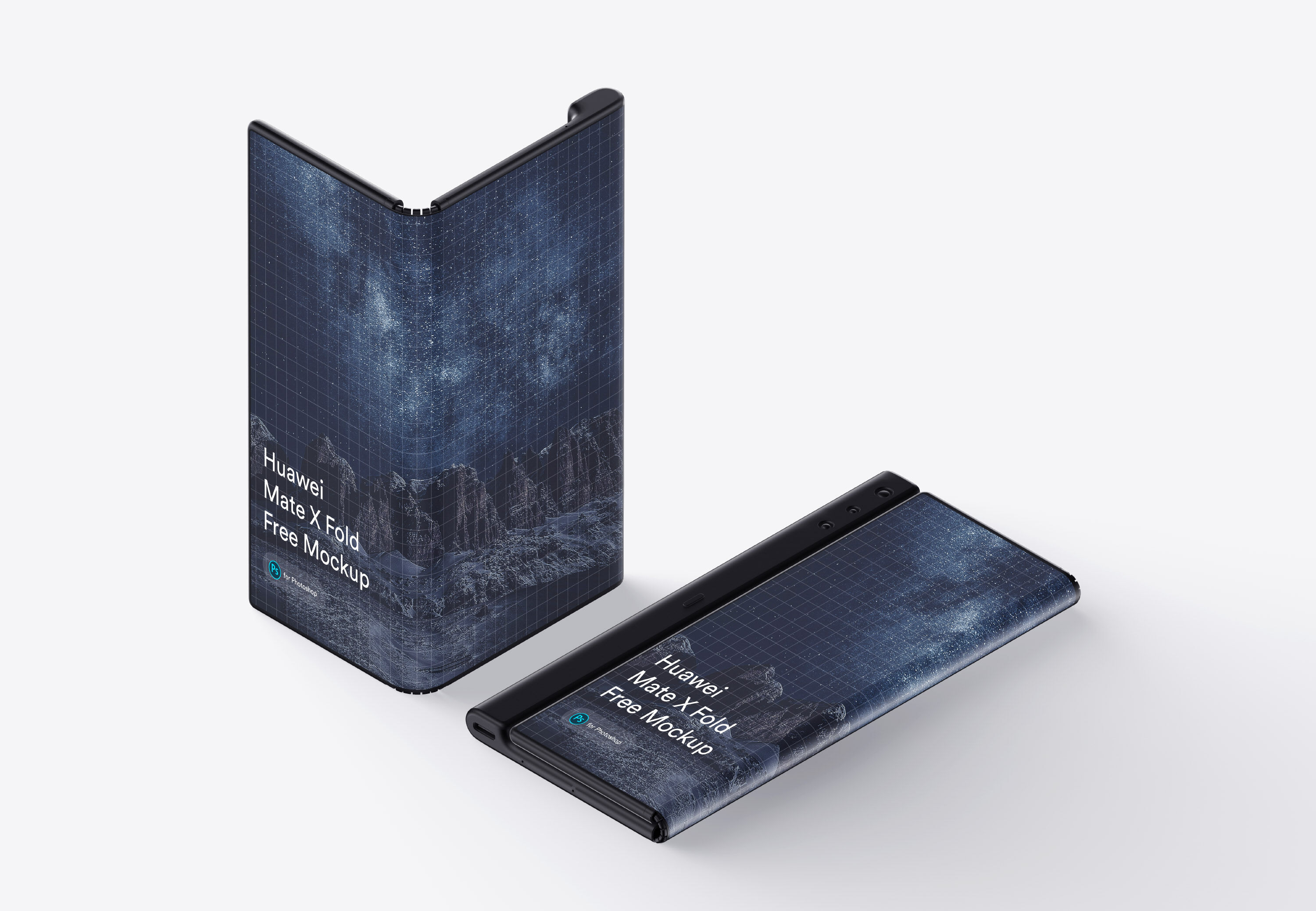Two Mockups Showcasing Half Folded and Completely Closed Huawei Mate X