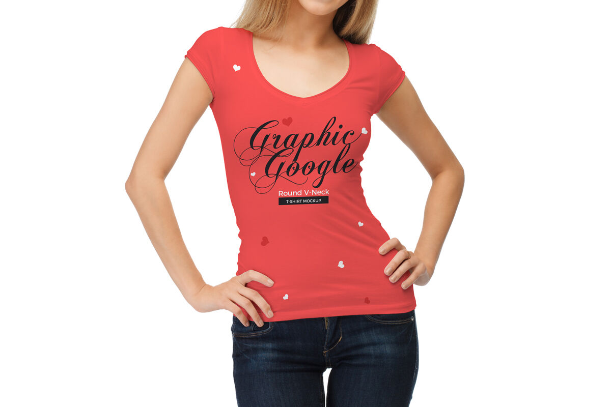 Girl Wearing Round V-neck T-shirt Mockup