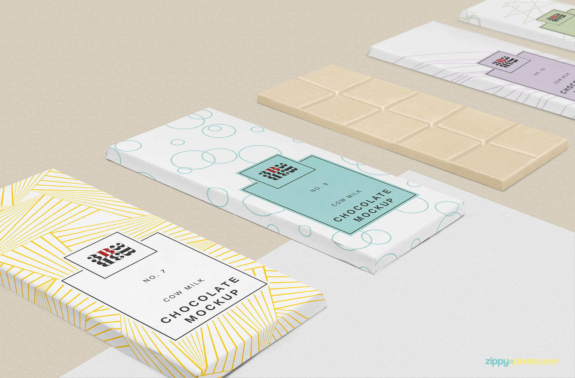 Four Chocolate Packaging and a Chocolate Bar Mockup
