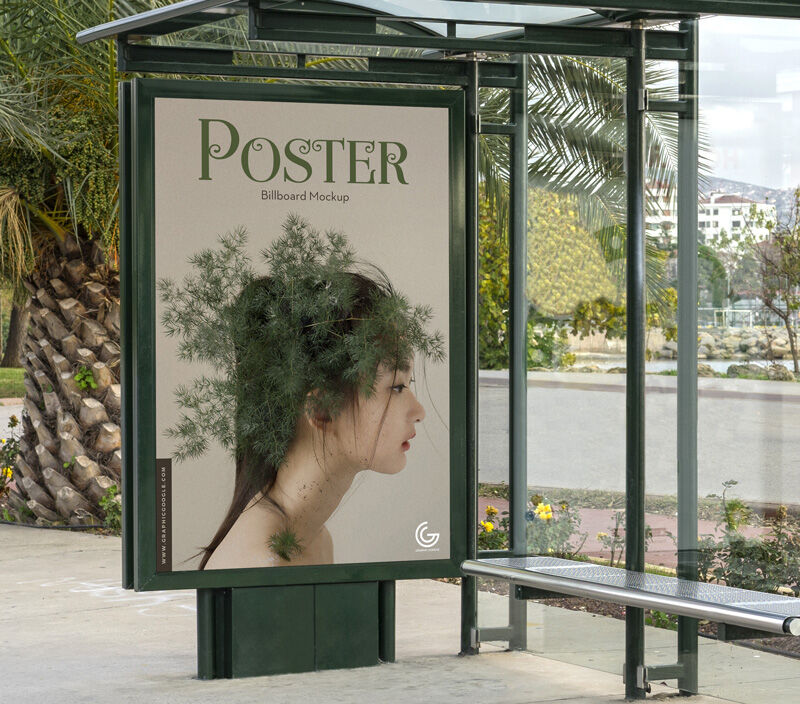 Mockup Featuring Bus Stop Poster with a Perspective View
