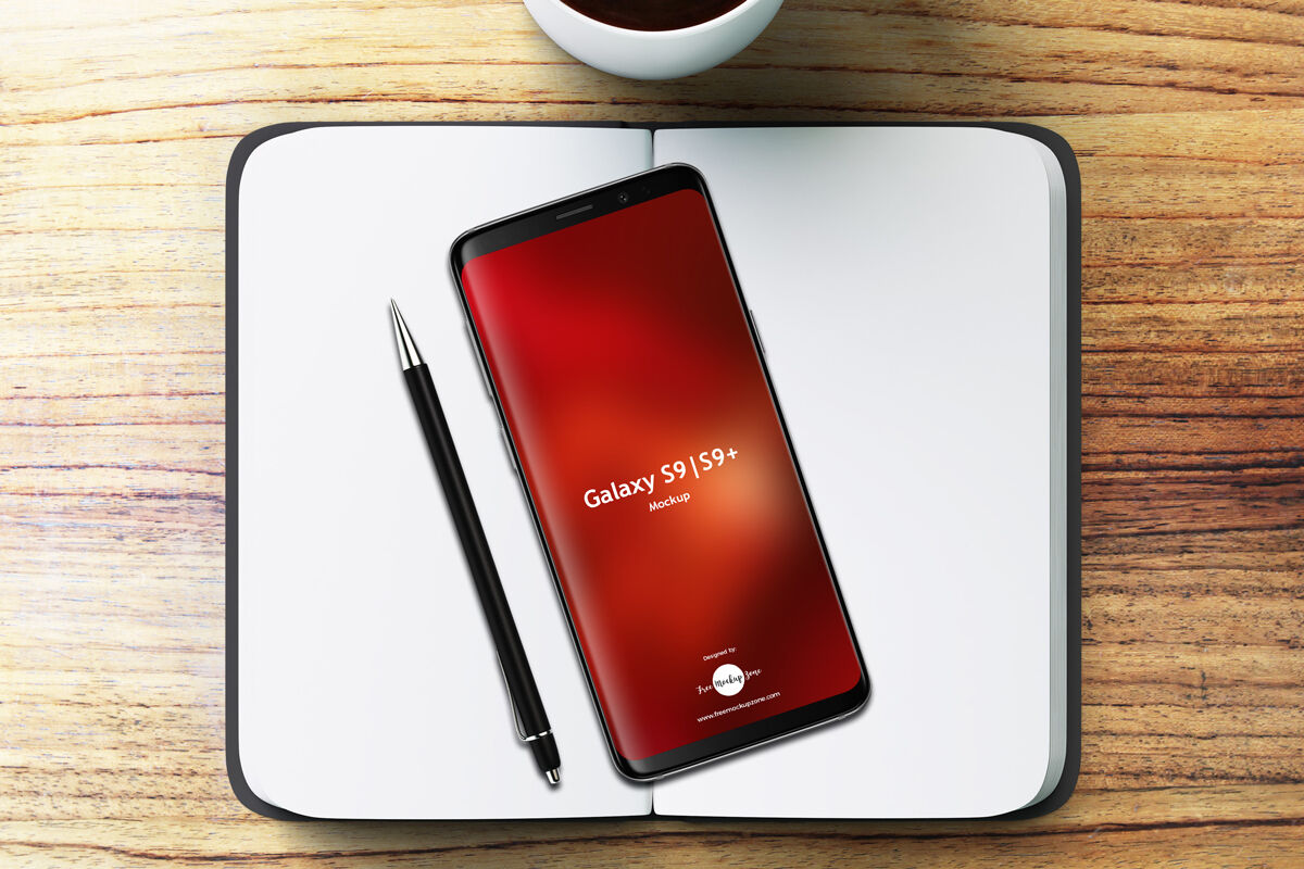 Notebook With Samsung Galaxy S9 And S9+ Mockup