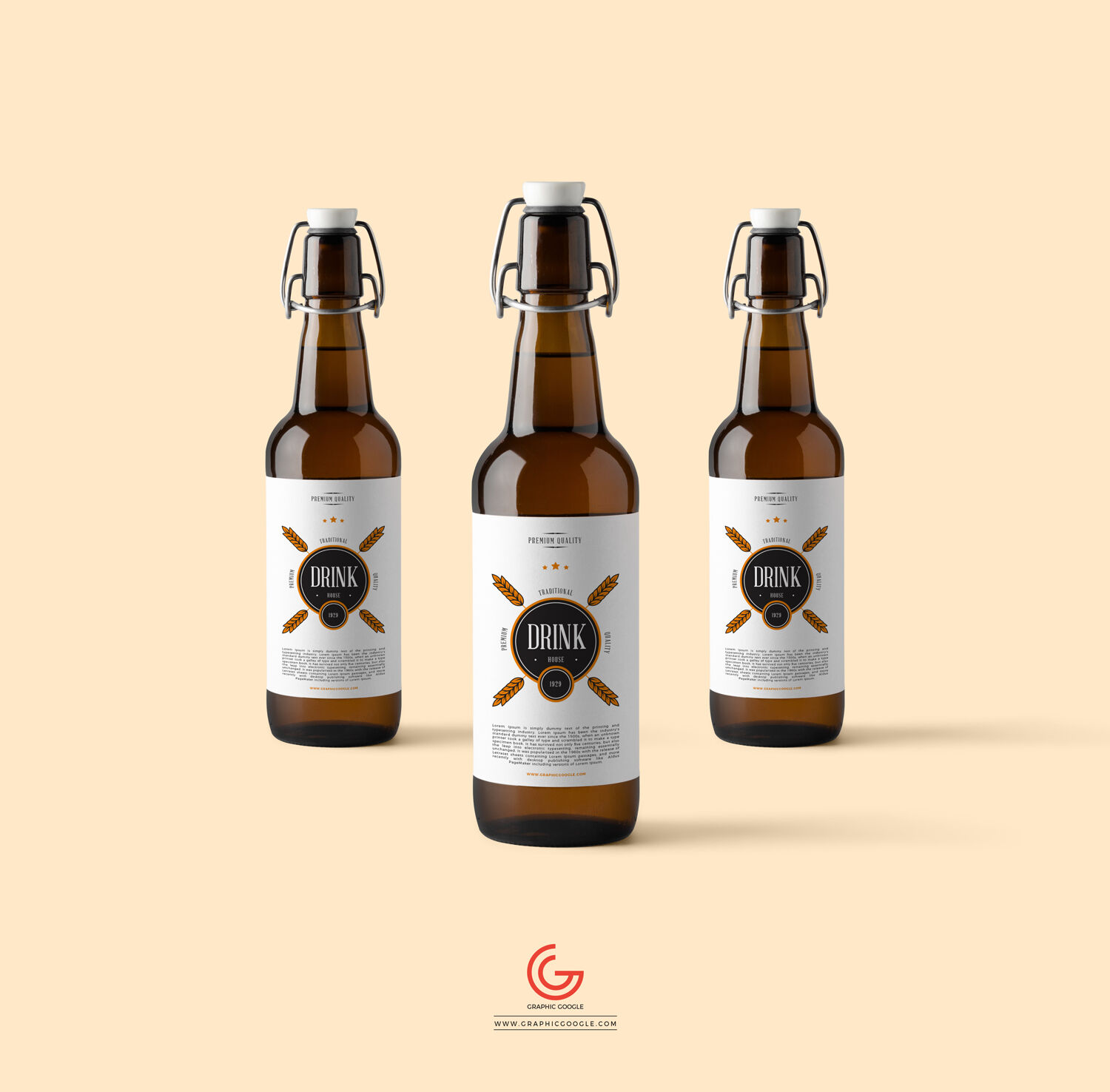 Three Amber Glass Beverage Bottles Mockup preview