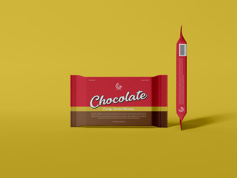 Mockup Featuring Two Chocolate Packets Showcasing Different Sides in Front View