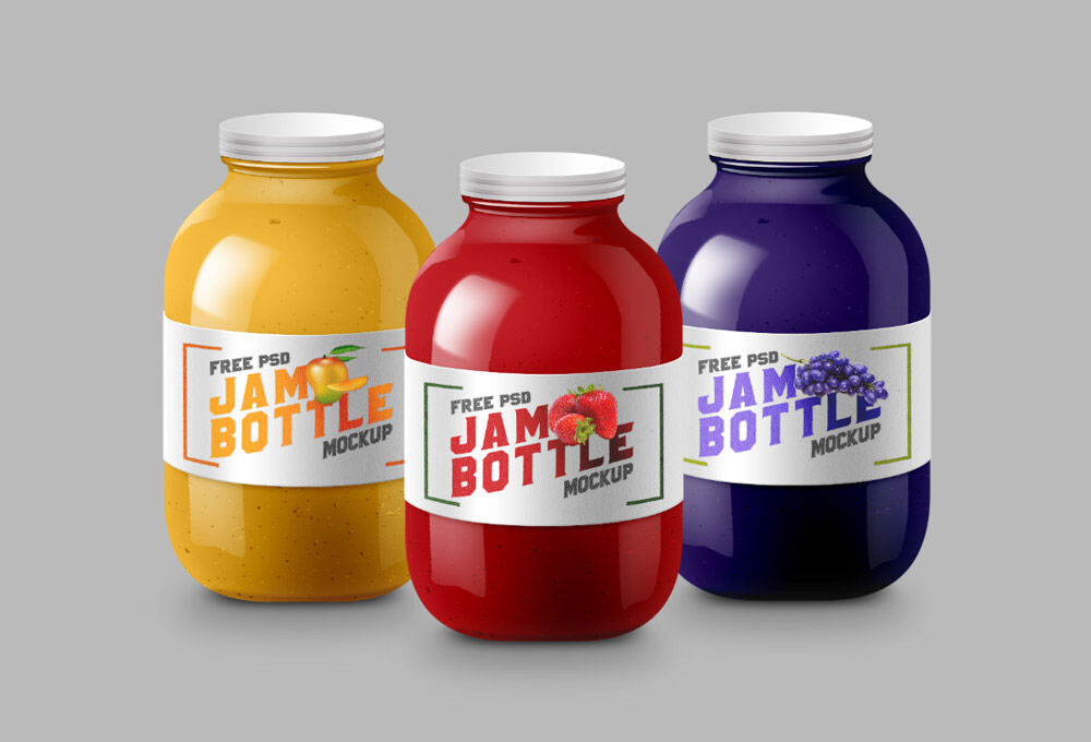 Three Jam Bottles in a Collection and Solos Front View Mockup