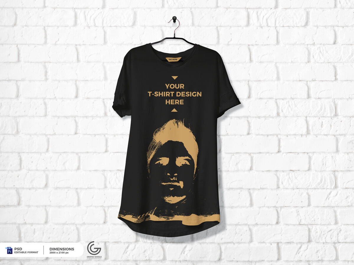 Mockup of Longline Curved Hem T-shirt on Hanger in Front View