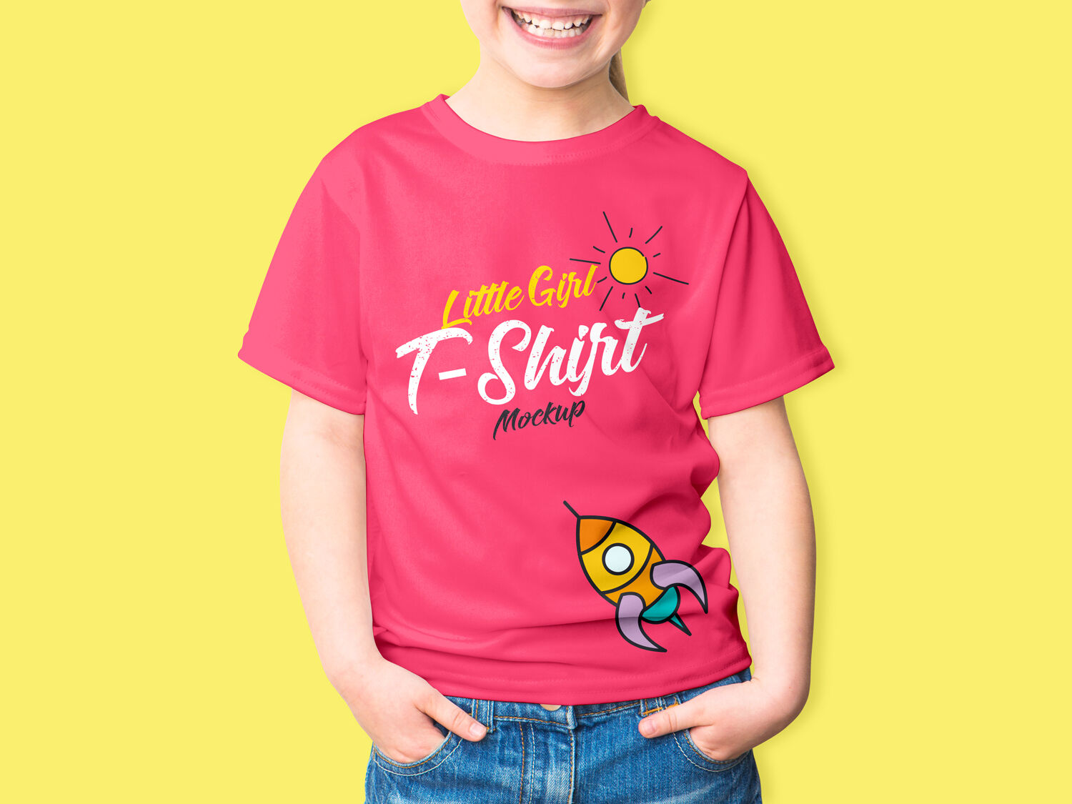 Mockup Featuring Standing Little Girl Wearing T-shirt with Hands in Pocket