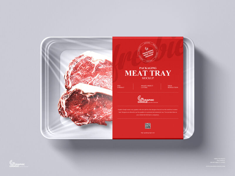 Top View of Meat Products in Tray Packaging with Cellophane Mockup preview