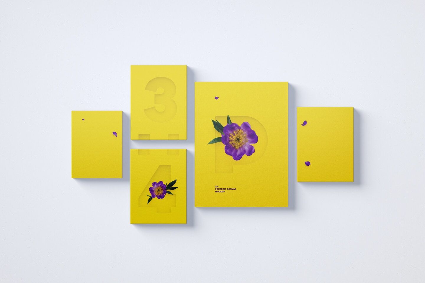 Mockup Featuring Five Arrayed 3:4 Portrait Canvases Hanging on Wall