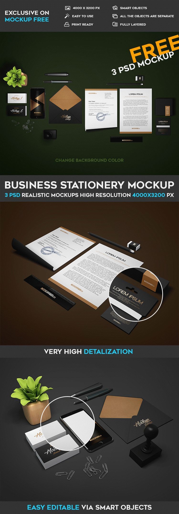 Three Mockups Showcasing Different Stationery Scenes preview