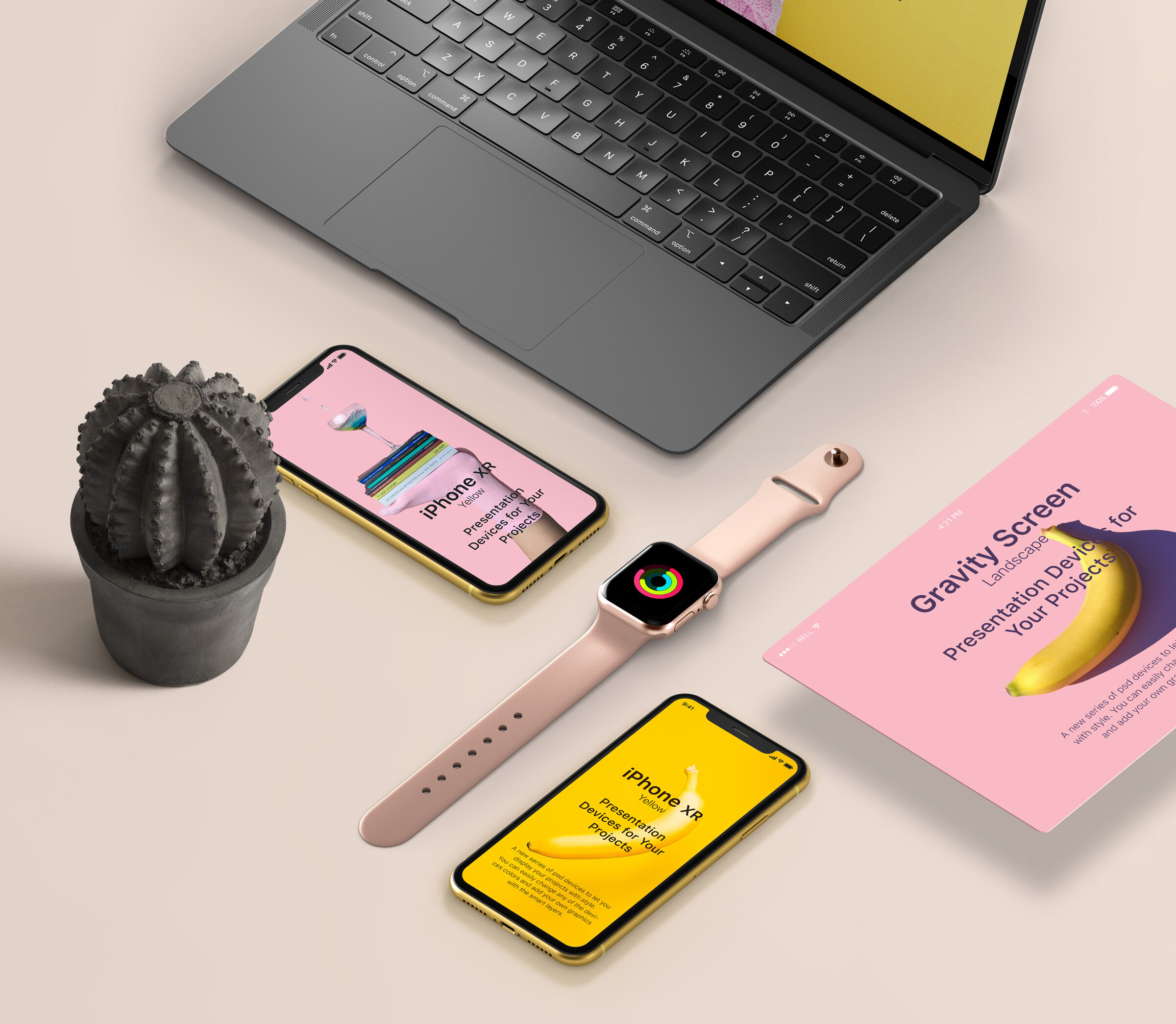 Top View of Two Smartphones and Smartwatch Mockup