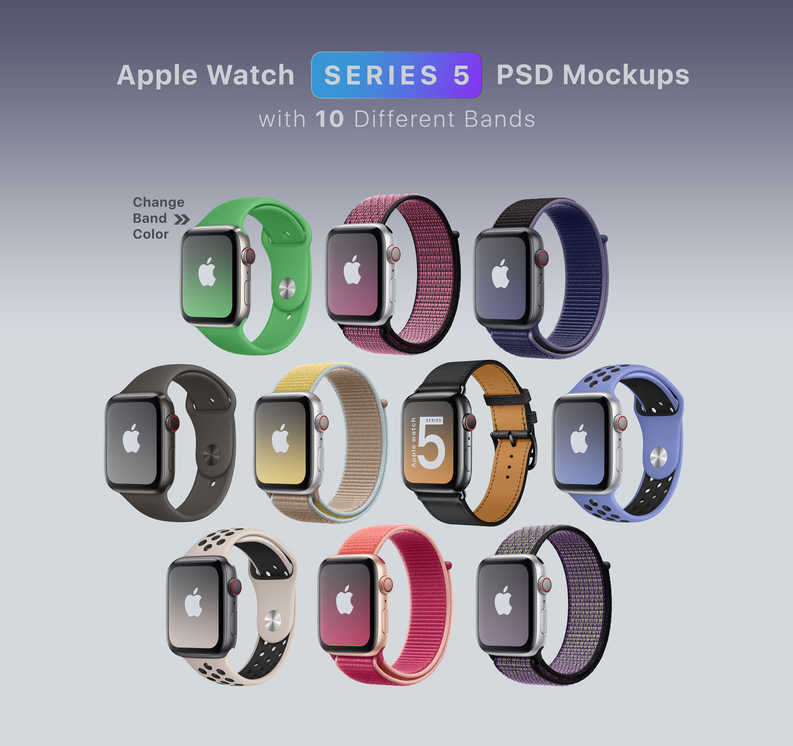 Set of Ten Apple Watches with Different Bands Mockup