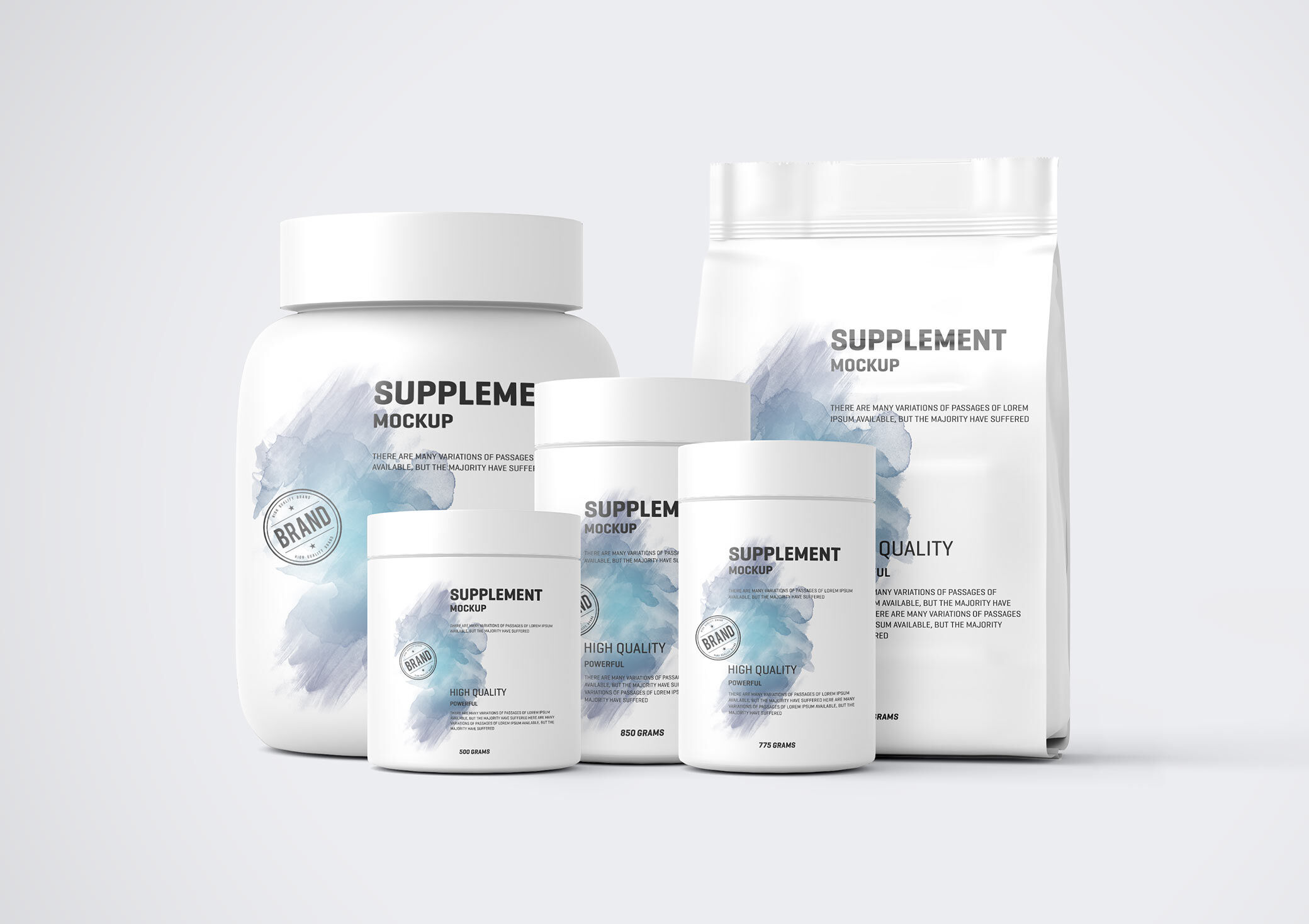 Five Mockups Showcasing Front View of Protein Pouch and Jars