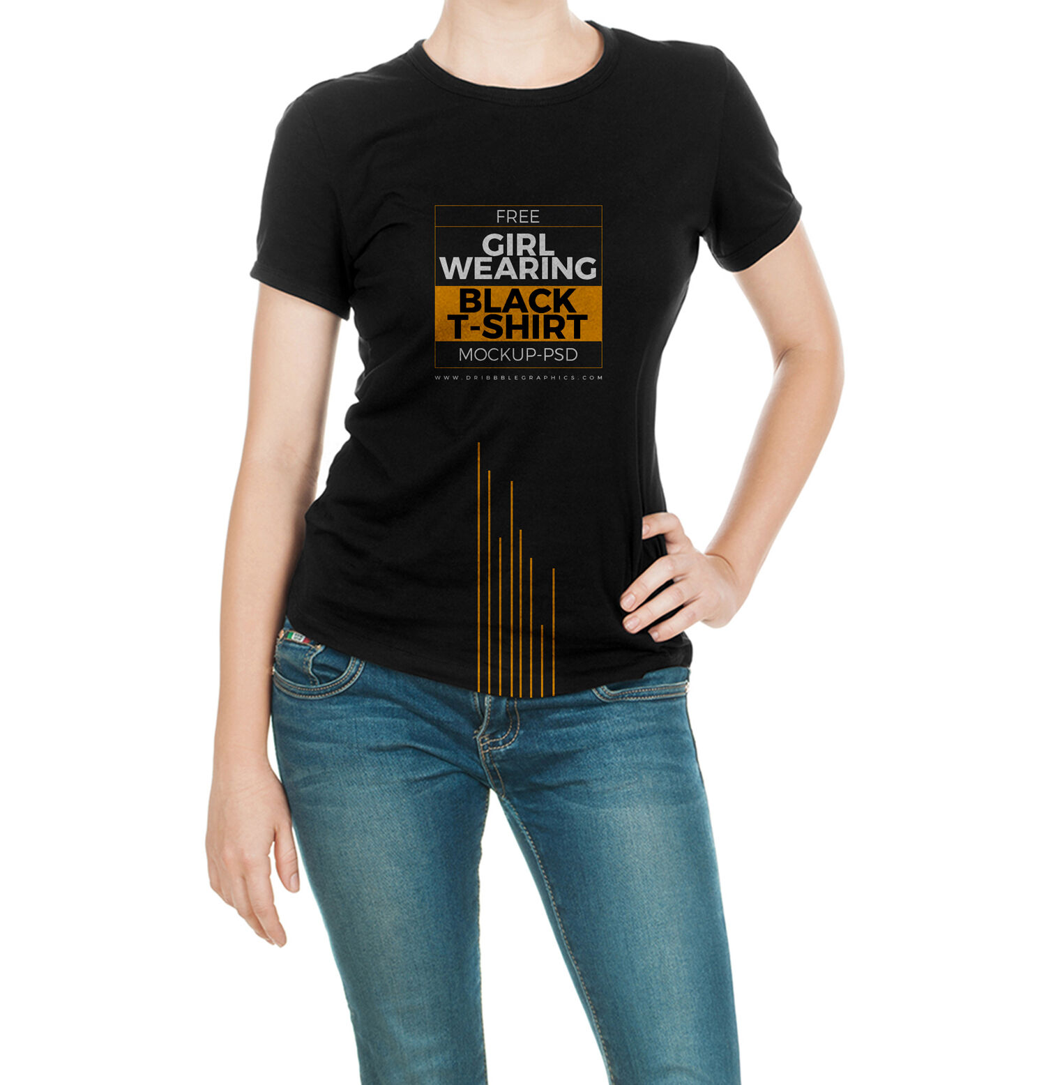 Standing Girl Model Wearing Round Neck Black T-Shirt Mockup