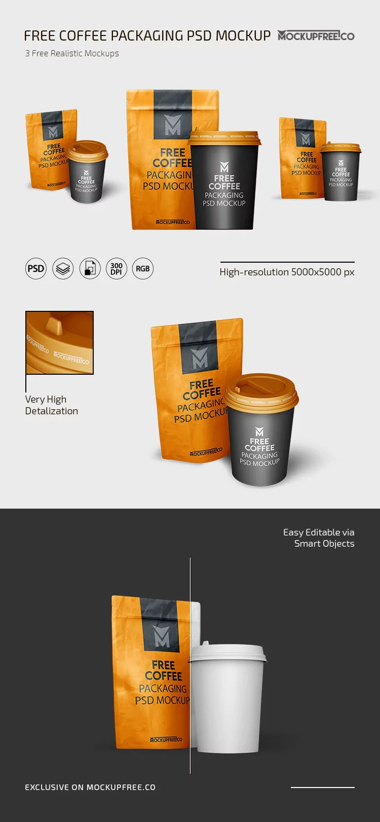 3 Showcases of Coffee Bag Mockup with Cup
