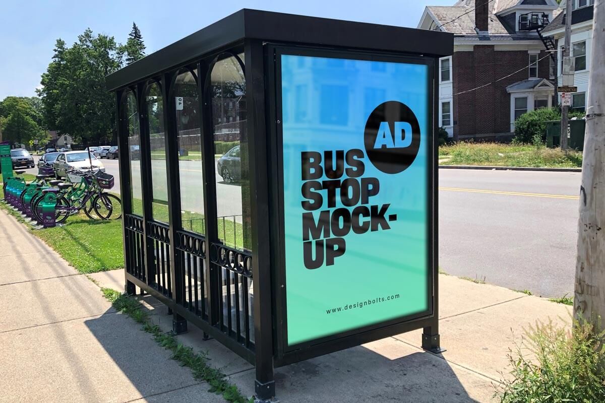 Bus Shelter Advertisement on Sidewalk Mockup