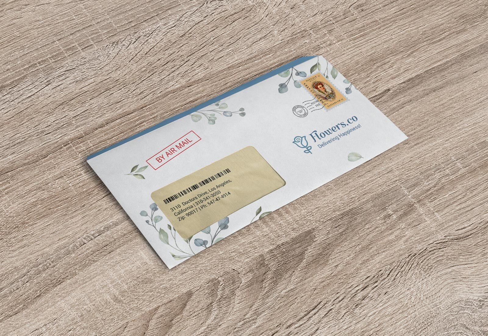 Mockup of a Windowed Envelope Lying on a Wooden Surface