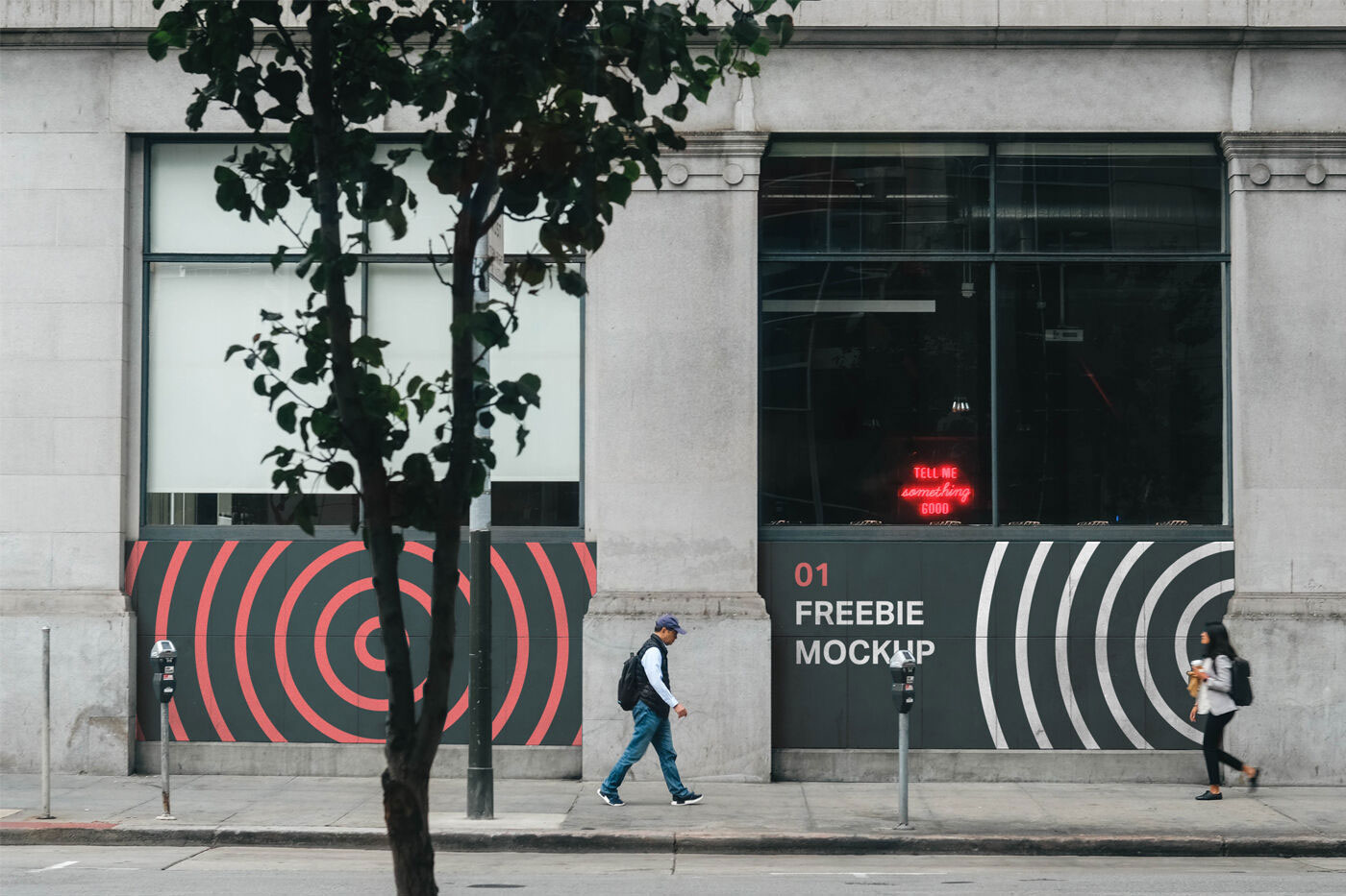Storefront Wall Mockup Featuring Pedestrian and Trees