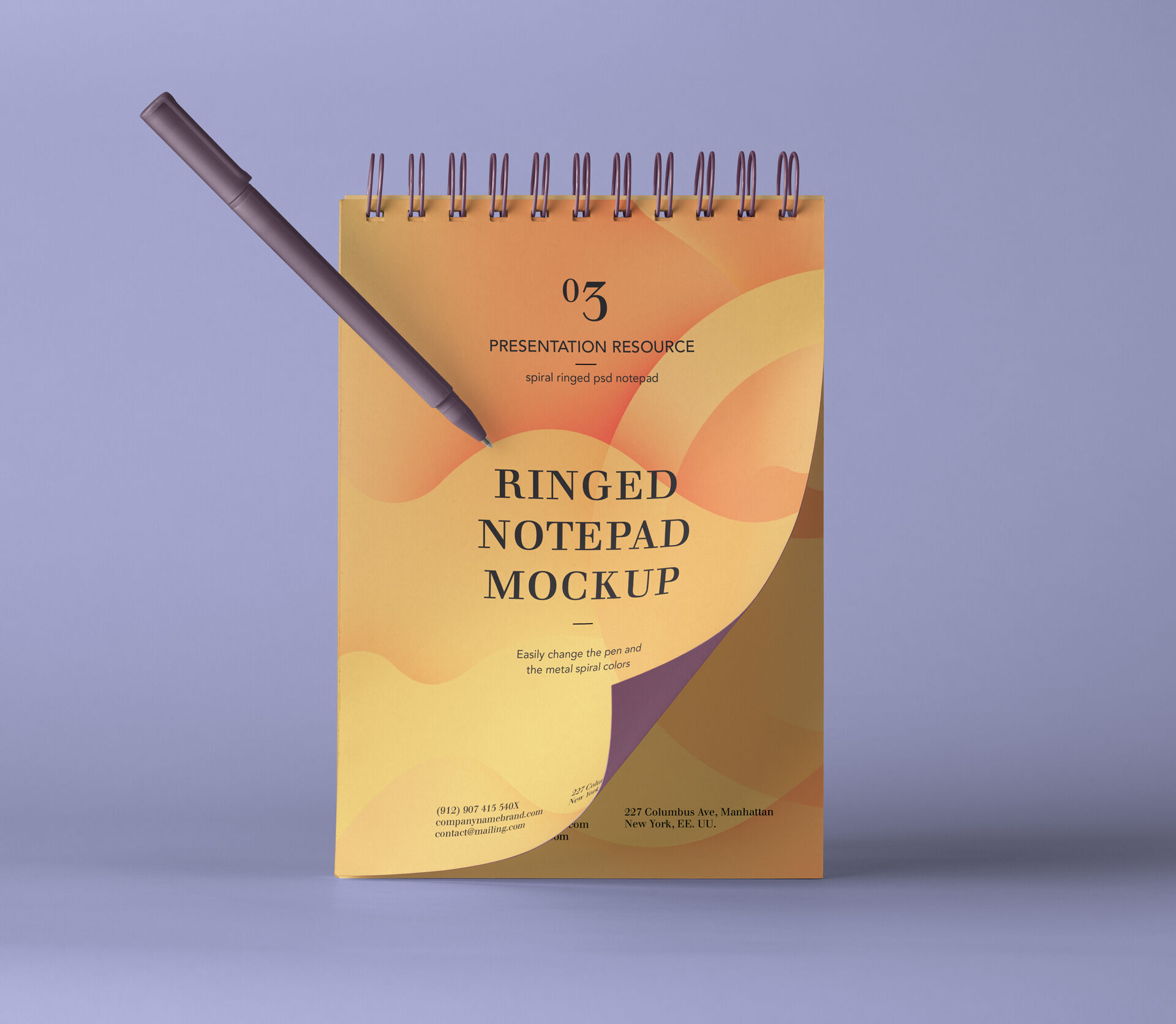 Slightly Flipped Ringed Notepad Next to a Pen Mockup preview