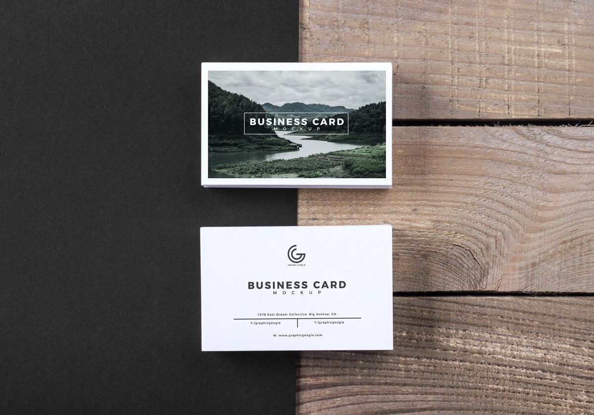 Modern Business Card Mockup Laying on a Wooden Texture Surface