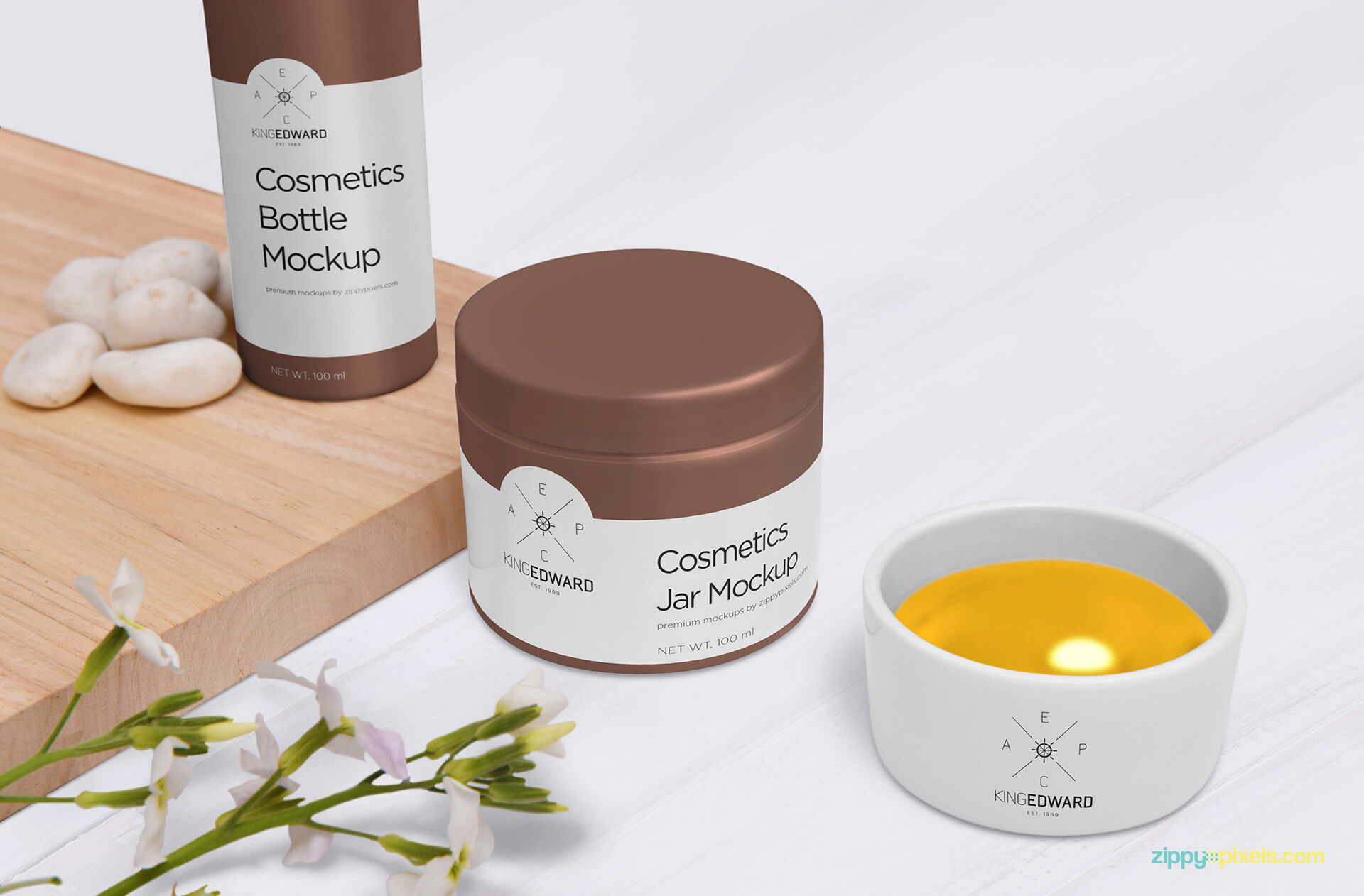 Cosmetic Bottle and Jar and a Ceramic Bowl Mockup
