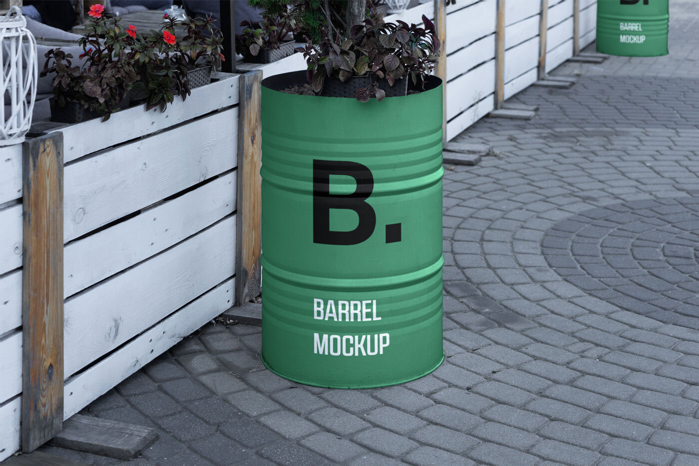 Front View of Barrel in Clean Street Mockup